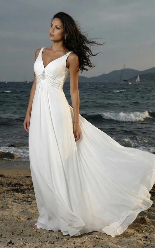 Traumhaftes Strandhochzeitskleid mit V-Ausschnitt – ärmelloses Chiffon-Brautkleid mit Empire-Taille