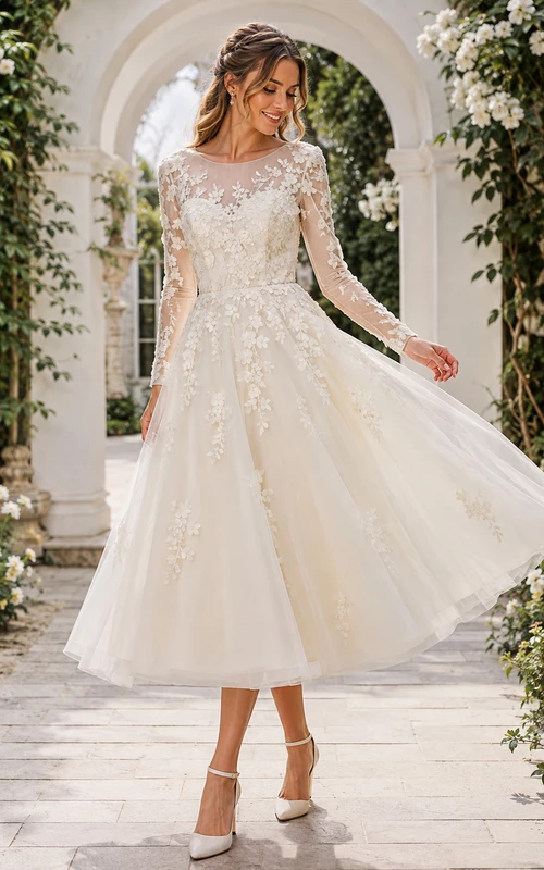 Vestido de cóctel de boda modesto, de corte A, largo midi, con encaje floral y mangas largas, estilo romántico, con escote barco ilusión y silueta de ilusión.