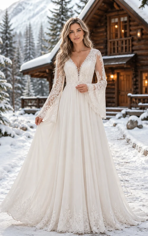 Winter Boho V-Neck Lace Sleeve A-Line Wedding Dress
