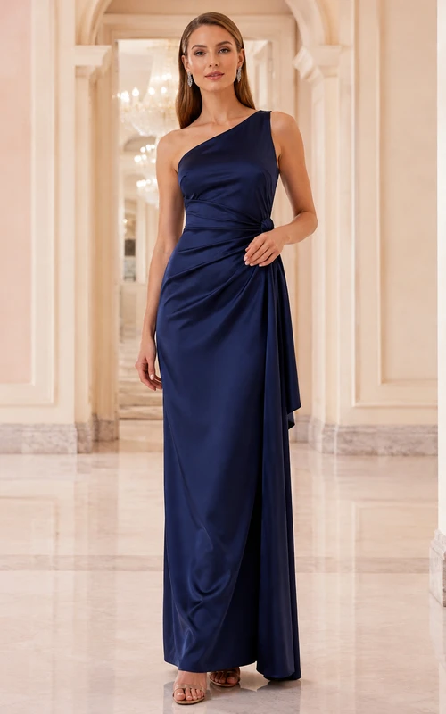 Elegante vestido de noche formal moderno de satén azul marino oscuro, asimétrico, con fruncido y drapeado, largo hasta el suelo.