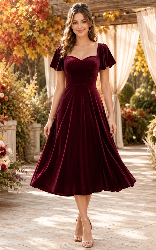 Burgunderfarbenes Samtkleid in A-Linie mit herzförmigem Schnitt und flatternden Ärmeln für den Herbst