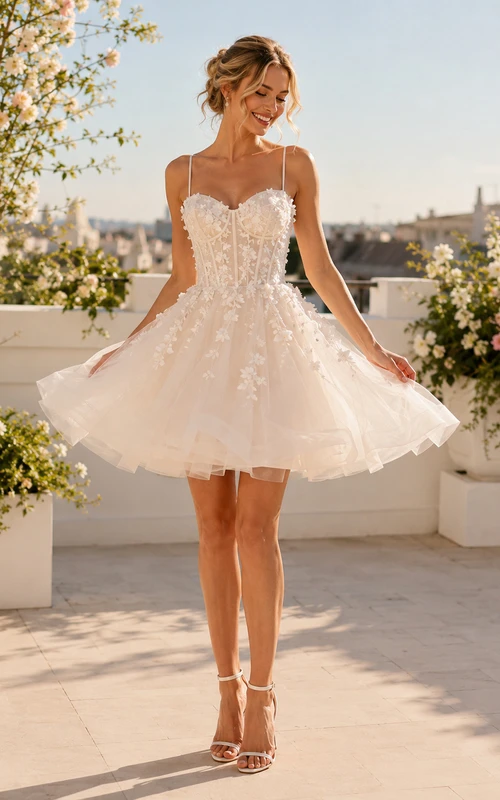Robe de mariée mini en tulle à bretelles spaghetti et dentelle florale, décolleté cœur, style romantique.