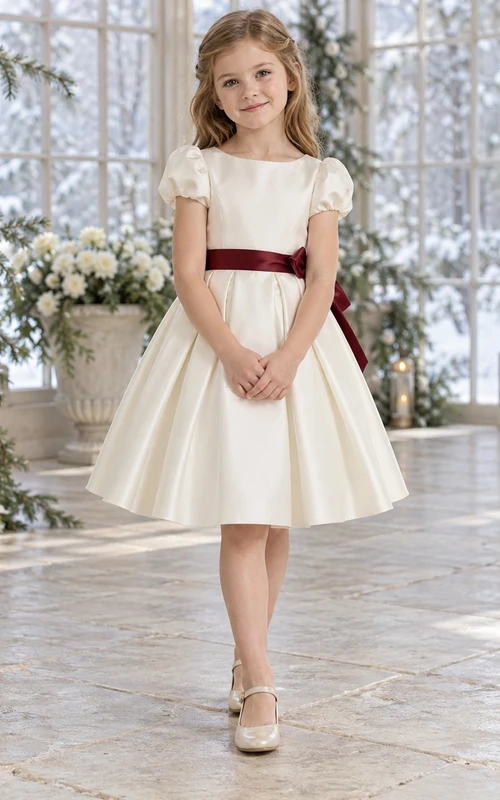 Elfenbeinfarbenes Satinkleid mit Puffärmeln, burgunderfarbener Schleife und knielangem Blumenmädchenkleid