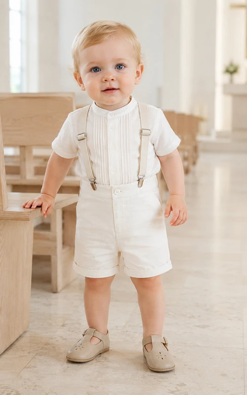 Minimalistisches weißes Kurzarm-Taufoutfit mit Trägern und Abnähern