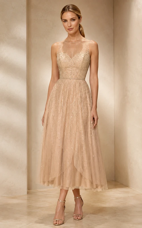 Champagnerfarbenes Midi-Kleid mit Illusion-Mesh-Überzug