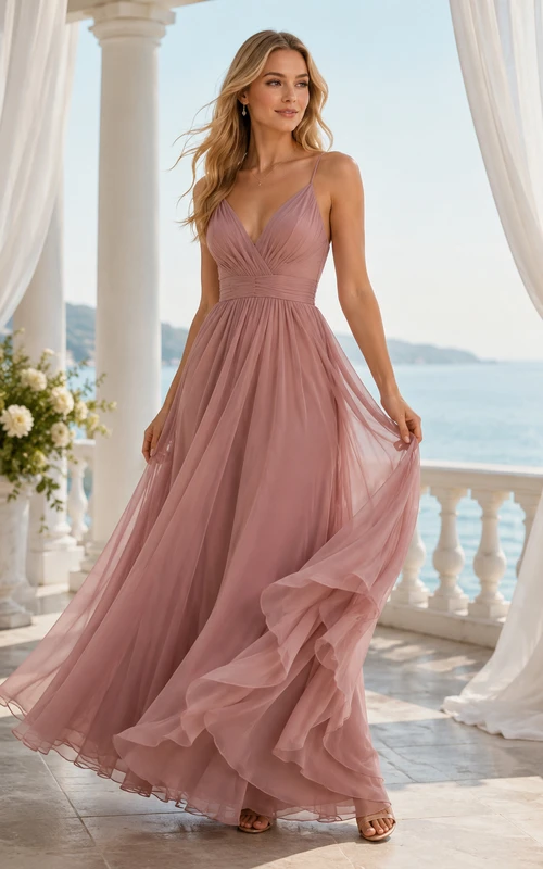 Mauve V-Neck Tulle A-Line Formal Dress