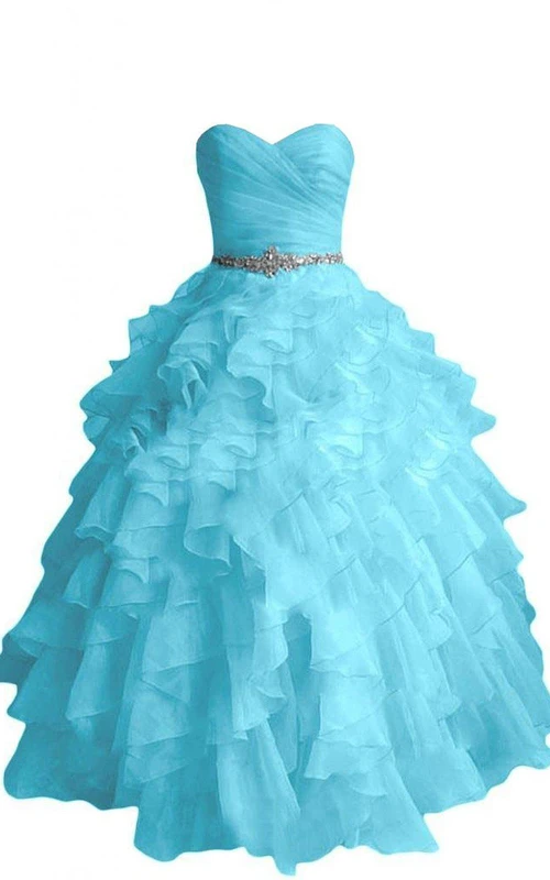 Robe de bal bustier à volants et taille perlée