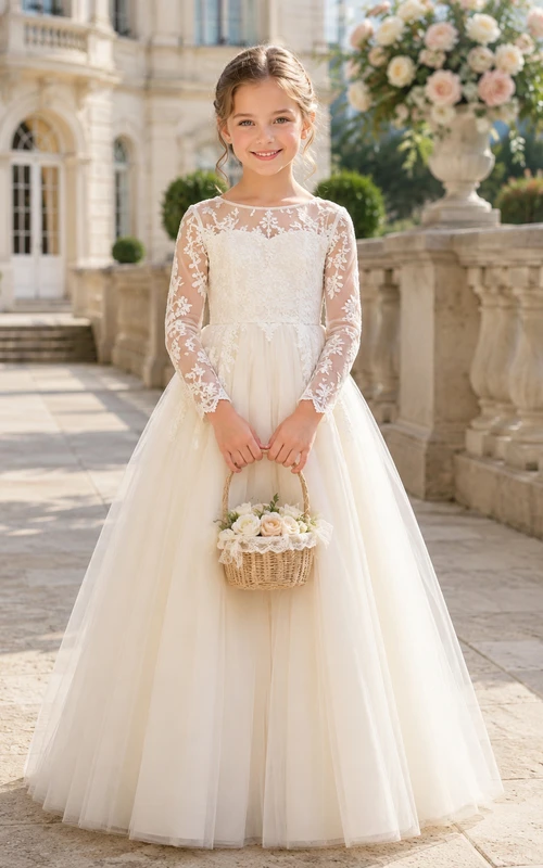 Robe de bal en tulle et dentelle à manches longues pour demoiselle d'honneur