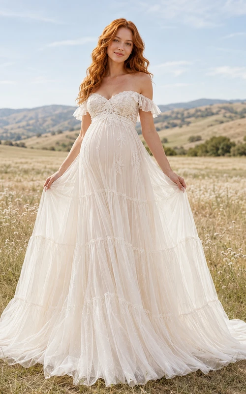 Boho Maternity Wedding Dress Off Shoulder Lace Bodice Tiered Tulle Gown