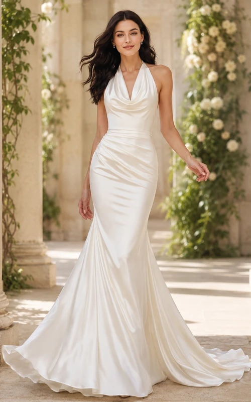 Vestido de novia sencillo, largo hasta el suelo, sin mangas, de corte sirena/trompeta, formal, con un solo hombro.