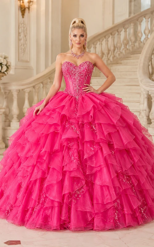 Fuchsia Luxury Strapless Sweetheart Crystal Tiered Tulle Quinceanera Princess Ball Gown