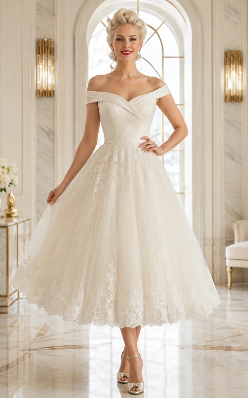 Elegante vestido de recepción de novia de satén con encaje y escote Bardot, largo hasta la rodilla y corte en A.