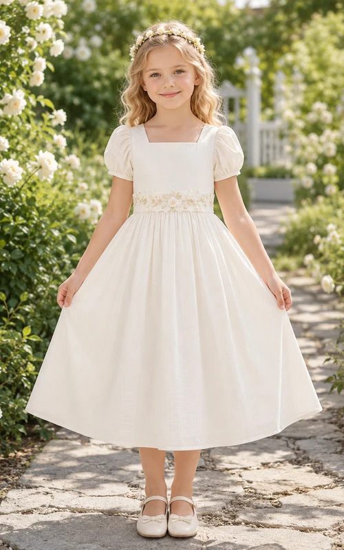 Blumenmädchenkleid aus elfenbeinfarbenem Satin, A-Linie, kurze Ärmel, Rundhalsausschnitt, Teelänge, Schleifendetail