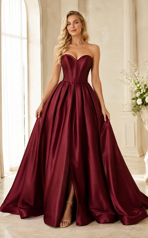 Burgundy Sweetheart Strapless Satin Ball Gown Sweep Train Prom Dress