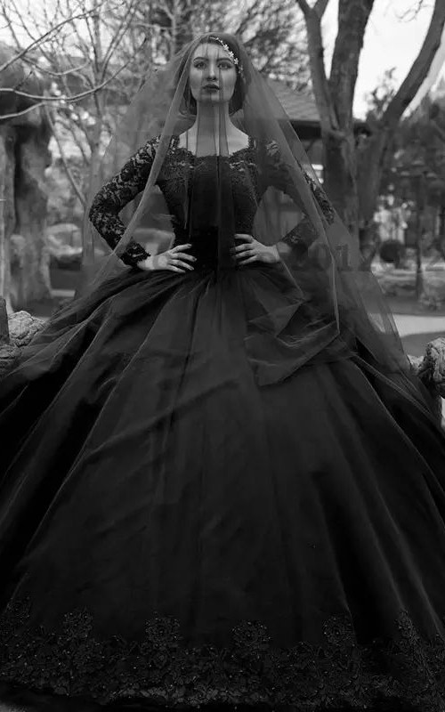 black lace wedding dress with sleeves Long Two Pieces Tulle Crafted from lace with beading for subtle shimmer Black Wedding Dress with 3D