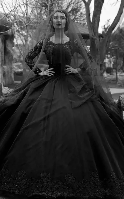 Ball Gown Lace Tulle Bateau Long Sleeve Floor-length Sweep Train Princess Wedding Dress with Appliques and Pleats