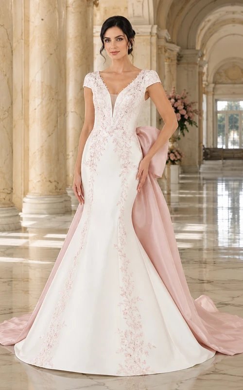 Robe de mariée rose poudré à col V, manches courtes, dentelle, traîne et nœud papillon