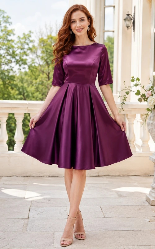 Robe de bal de fin d'année en satin prune, col bateau, manches mi-longues, plissée et évasée