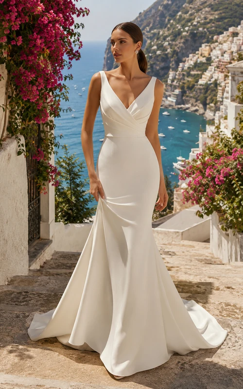 Robe de mariée sirène sexy en satin à bretelles en V et dos nu plongeant, idéale pour une destination romantique.