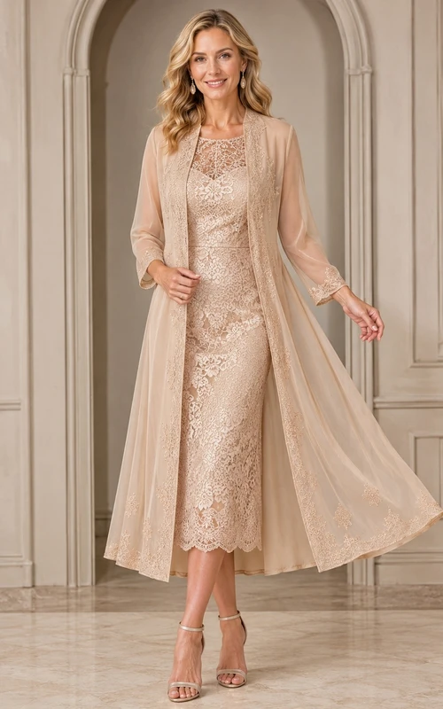 Champagne Long Sleeve Lace Sheath Chiffon Coat Mother Dress