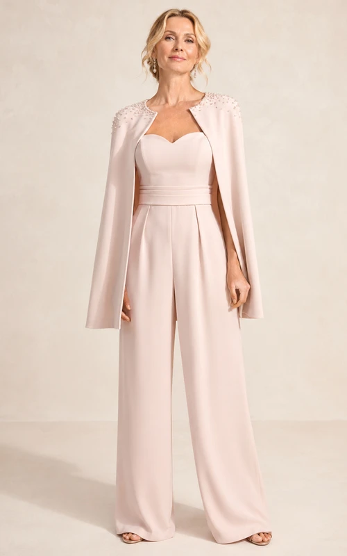 Blush Mother Jumpsuit with Sweetheart Neck Cape Jumpsuit with Shoulder Embellishment
