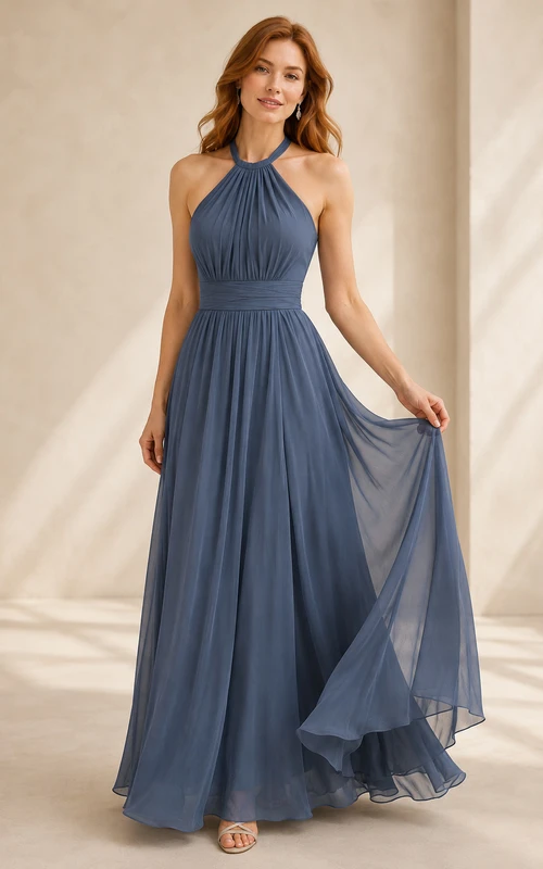 Evening Gown Steel Blue Chiffon A-Line Halter Sleeveless Floor Length