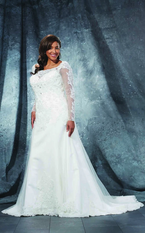 Robe trapèze longue jusqu'au sol, col bateau, manches longues, traîne balayée en dentelle et appliques illusion
