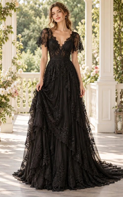Vintage Black V-neck Flutter Sleeve Tiered Lace Wedding Dress