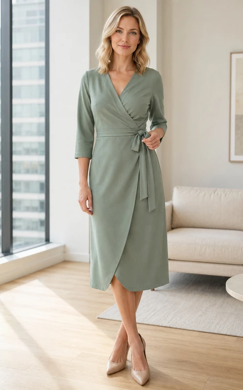 Muted green three quarter sleeve V-neck wrap office dress