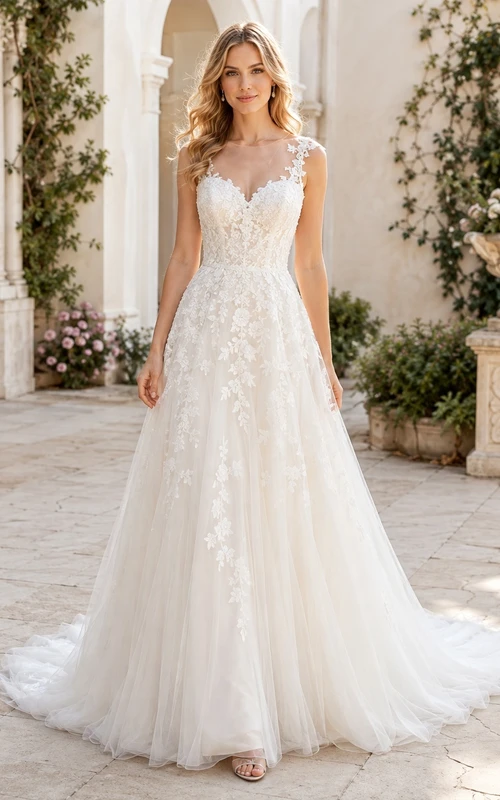 Elegant Romantic Lace A-Line Sweetheart Sleeveless Appliqued Chapel-Train Vestido de Novio Gown