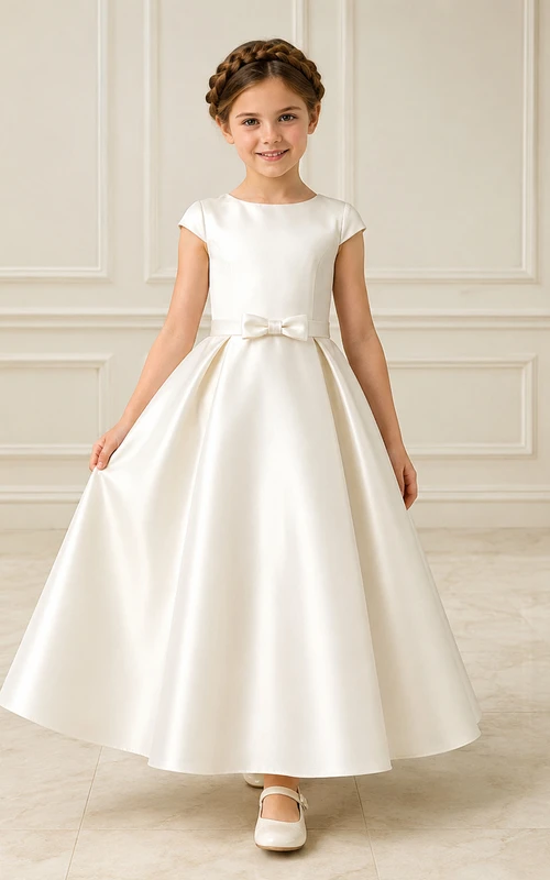 Vestido de niña de flores de satén color marfil con botones en la espalda.