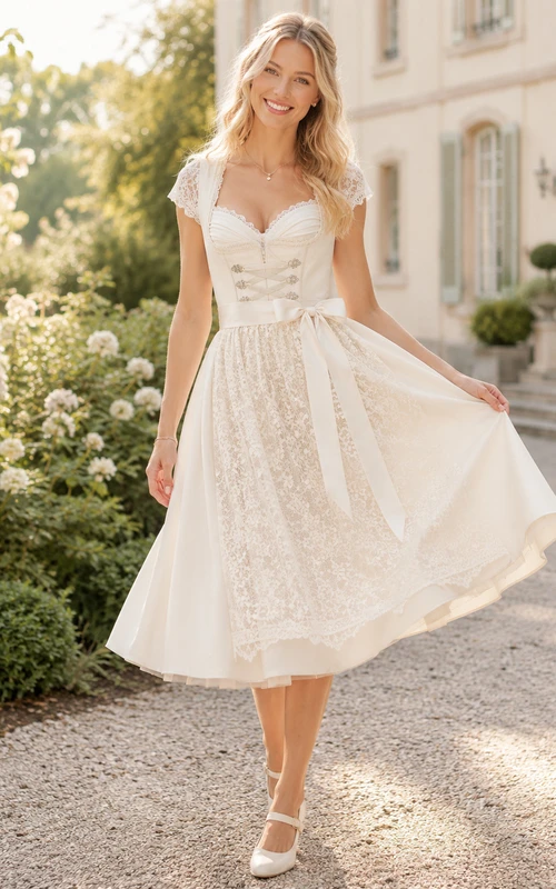 Bridal Dirndl V Neck Cap Lace Sleeve Dotted Apron Tea Wedding Dress