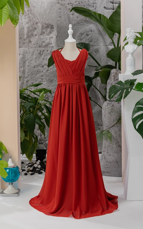Red Halter Criss-cross Empire Chiffon Ruched Flowergirl Dress