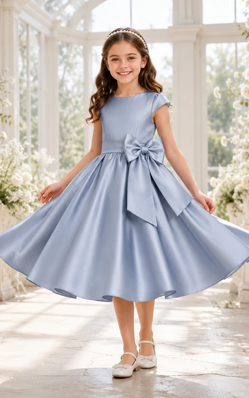 Elegantes, teelanges A-Linien-Kleid für Blumenmädchen aus stahlblauem Satin mit kurzen Ärmeln und Schleife am Rücken.