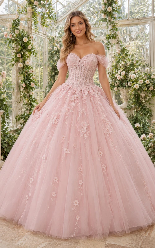 Vestido de quinceañera romántico de princesa con escote corazón y hombros descubiertos, estilo invernadero, color rosa.