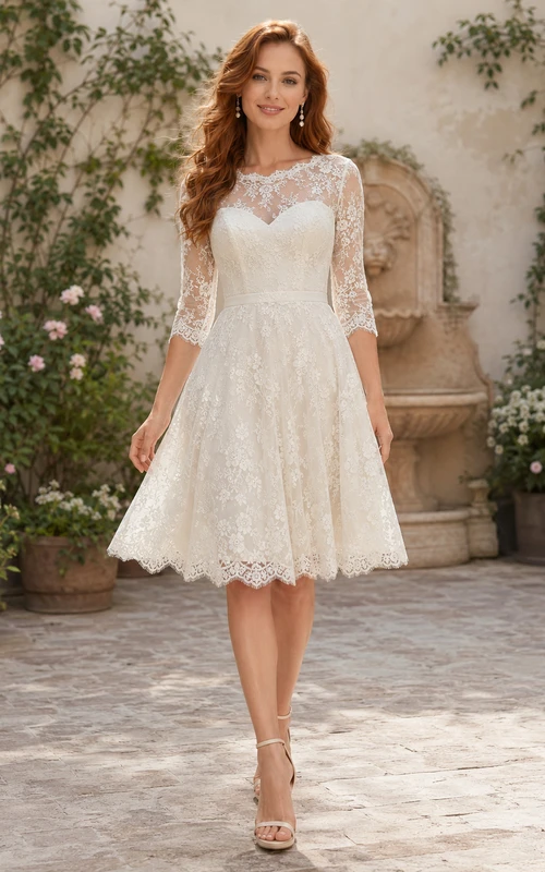 Illusion Bateau Three-Quarter Lace Sleeve A-Line Knee-Length Wedding Dress