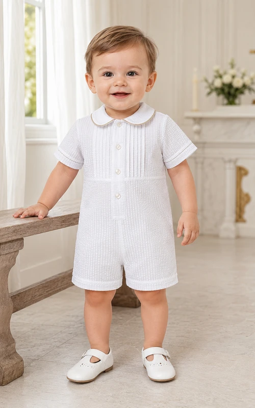 Sommerlicher weißer Kurzarm-Baby-Jungen-Taufanzug mit feinen Abnähern und kurzen Ärmeln, verziert mit feinen Biesen
