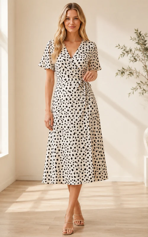 Vestido midi cruzado de manga corta con escote en V y estampado de lunares dálmatas.