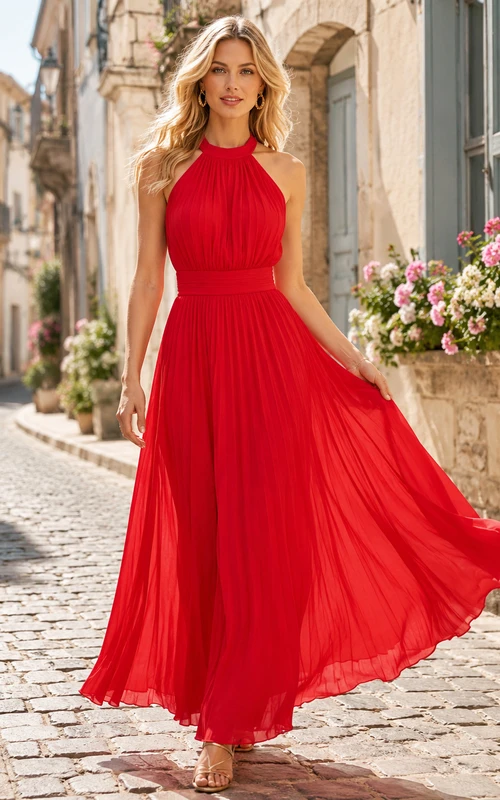 Rotes, plissiertes Chiffon-Maxikleid mit Neckholder, ideal für Reisefotos