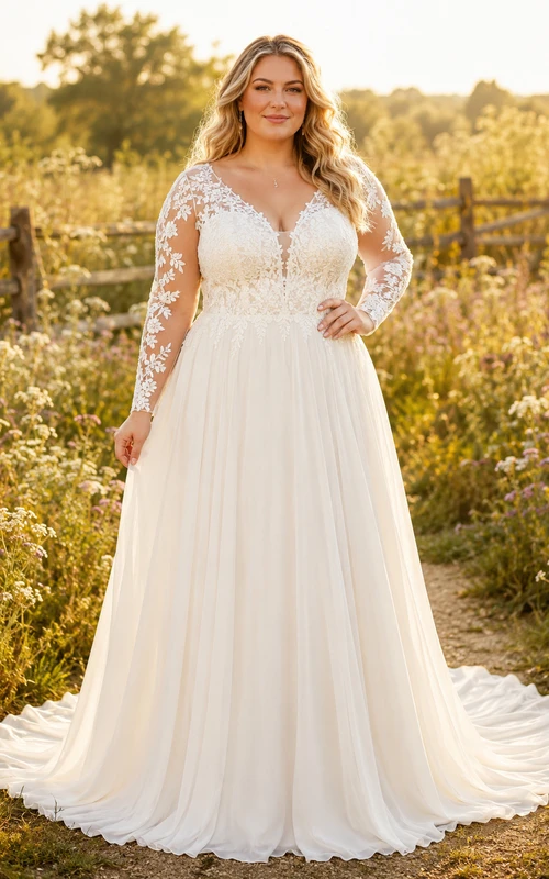 Robe de mariée grande taille à manches longues en dentelle, coupe trapèze