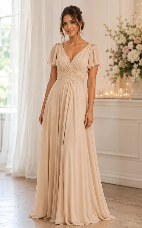 Champagnerfarbenes Brautjungfernkleid aus Chiffon mit V-Ausschnitt, kurzen Ärmeln und A-Linien-Schnitt