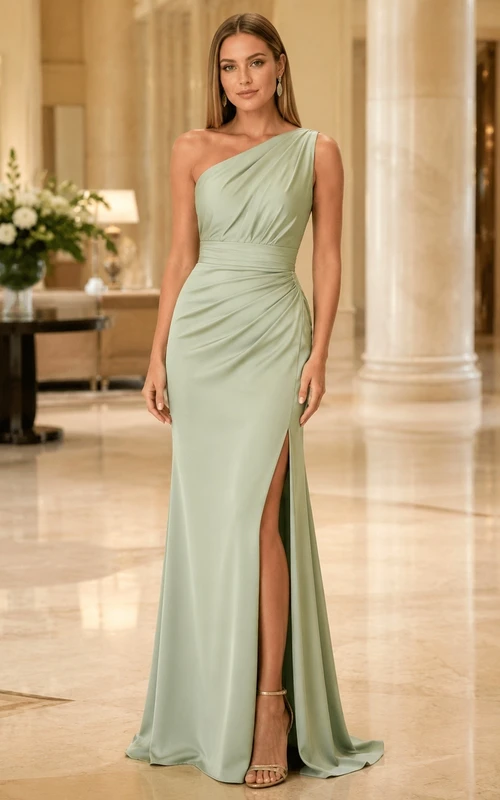 One Shoulder Celadon Sheath Satin Split Front Evening Dress