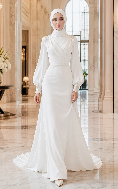 Modest Muslim Draped High Neck Sheath Palace Bridal Gown