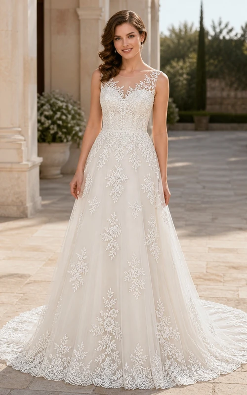 Vestido de novia romántico de corte A, escote redondo, sin mangas y cola de capilla con encaje