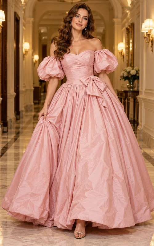 Robe de soirée en taffetas rose perle, épaules dénudées et manches bouffantes, années 1980