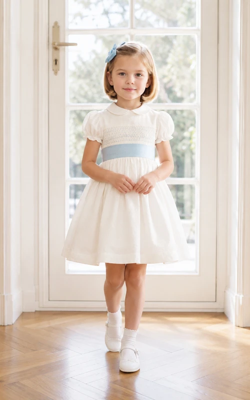 Vestido de niña de flores de satén color marfil con corte en A, mangas cortas abullonadas, escote joya y falda hasta la rodilla con detalles de lazos.