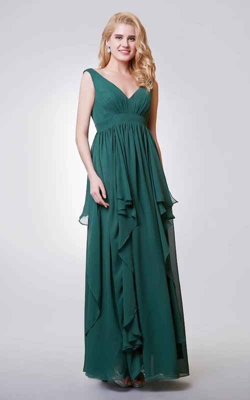 Langes Chiffonkleid in A-Linie mit V-Ausschnitt und Stufen