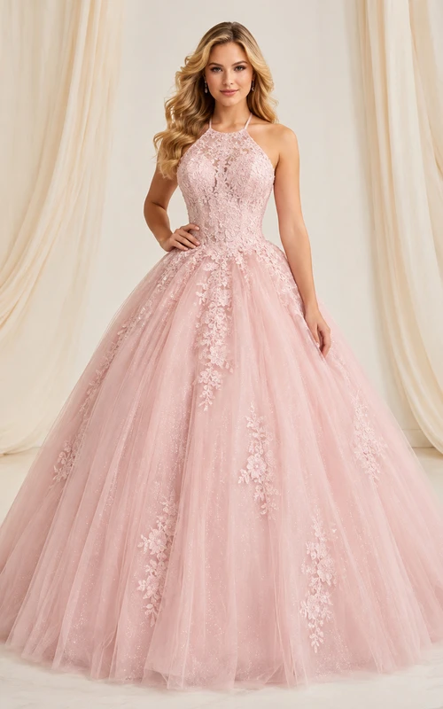 Blushing Pink Luxury Halter High Neck Floral Lace Up Sweet Sixteen Princess Ball Gown