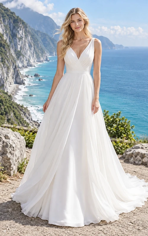 Schlichtes, ärmelloses Chiffon-Brautkleid in A-Linie mit V-Ausschnitt und Schleppe