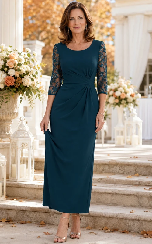 Ink Navy Modern Sheath Ankle-Length Mother of the Bride Dress with Scoop Neck Three-Quarter Lace Sleeves and Side Drape